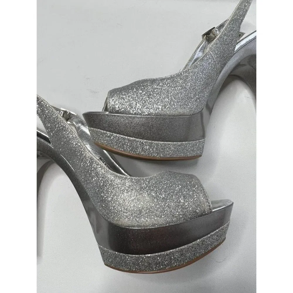 BAKERS‎ Platform Silver Glitter Slingback Shoes Flash 7